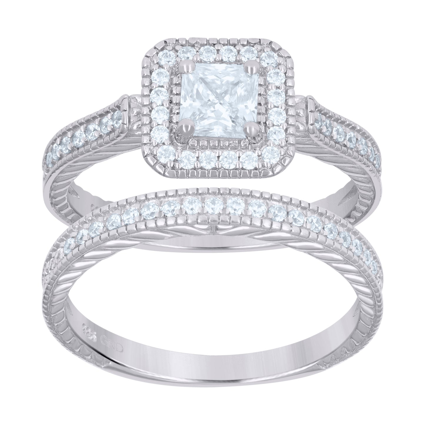 Sterling Silver Womens Princess-Cut Round Cubic-Zirconia Duo Bridal Anniversary Wedding Engagement Band Ring Set