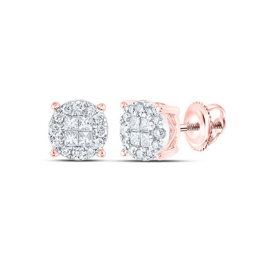 14K Rose Gold Womens Princess Round Diamond Fashion Cluster Earrings 1/2 Cttw, Length: 0.35 In, Width: 0.35 In