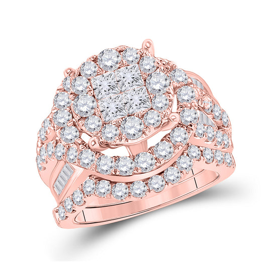 14K Rose Gold Princess Diamond Bridal Wedding Ring Band Set 3 Cttw, Womens Size: 5-10