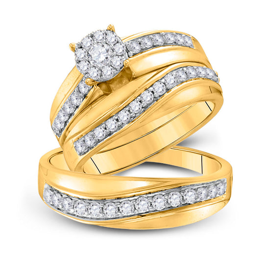 14K Yellow Gold His Hers Round Diamond Cluster Matching Wedding Set 1 Cttw, Womens Size: 5-10, Mens Size: 7-13