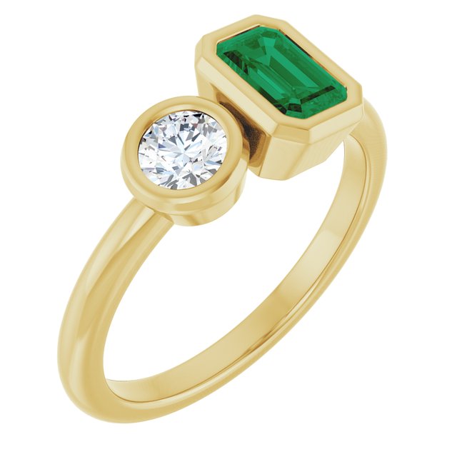 14K Yellow Gold Emerald 6 X 4 Mm Polished Lab-Grown Emerald And 1/4 Ctw Lab-Grown Diamond Ring Size 7