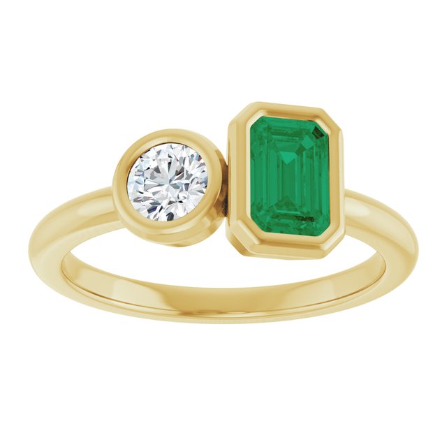 14K Yellow Gold Emerald 6 X 4 Mm Polished Lab-Grown Emerald And 1/4 Ctw Lab-Grown Diamond Ring Size 7