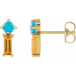 14K Yellow Gold Round 3 Mm Natural Turquoise And Natural Citrine 2-Stone Earrings