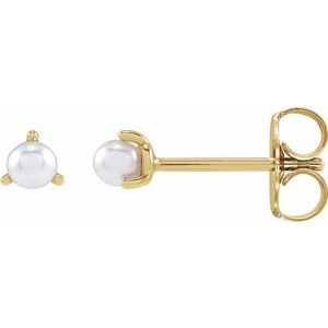 14K Yellow Gold Pearl 2.5 Mm Cultured White Seed Pearl 3-Prong Earrings