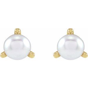 14K Yellow Gold Pearl 2.5 Mm Cultured White Seed Pearl 3-Prong Earrings