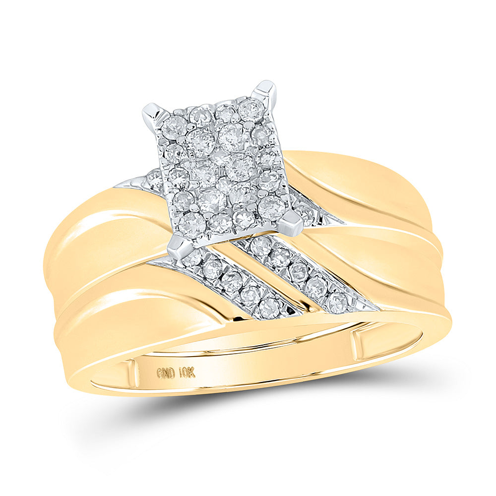 10k Yellow Gold Diamond Cluster Matching Trio His Hers Wedding Ring Band Set 1/3 Cttw, Womens Size: 5-10, Mens Size: 7-13