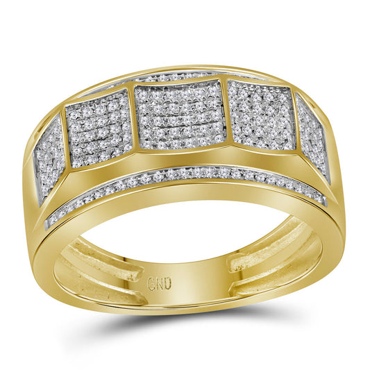 10K Yellow Gold Mens Round Pave-set Diamond Faceted Cluster Band Ring 1/3 Cttw, Mens Size: 7-13