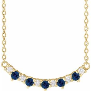 14K Yellow Gold Round 2 Mm  I1, G-H Polished Lab-Grown Blue Sapphire And .08 Ctw Natural Diamond Five-Stone Bar 18" Necklace