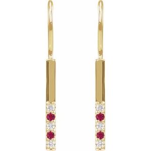 14K Yellow Gold Round 1.5 Mm Natural Ruby And .08 Ctw Natural Diamond Bar Earrings