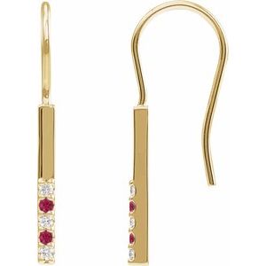 14K Yellow Gold Round 1.5 Mm Natural Ruby And .08 Ctw Natural Diamond Bar Earrings