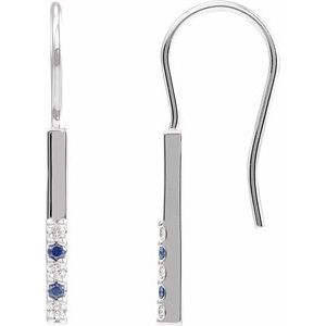 14K White Gold Round 1.5 Mm Natural Blue Sapphire And .08 Ctw Natural Diamond Bar Earrings