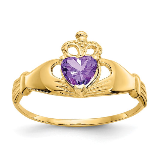 10K Yellow Gold Cubic Zirconia February Birthstone Claddagh Heart Ring