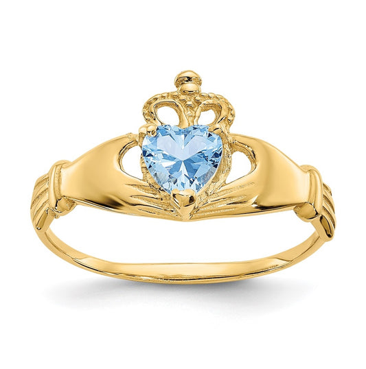 10K Yellow Gold Cubic Zirconia March Birthstone Claddagh Heart Ring