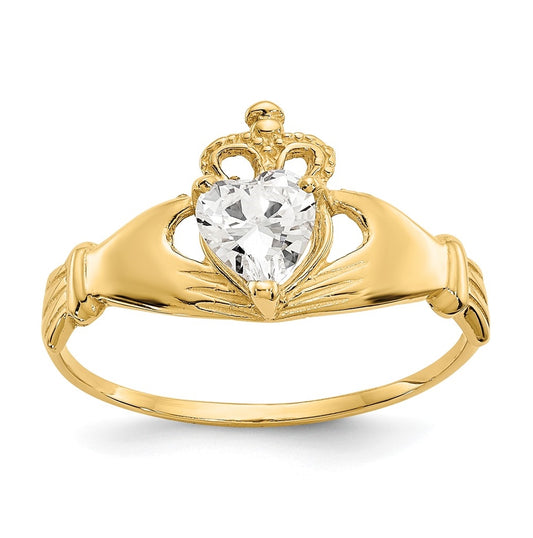 10K Yellow Gold Cubic Zirconia April Birthstone Claddagh Heart Ring
