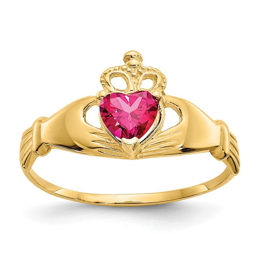 10K Yellow Gold Cubic Zirconia July Birthstone Claddagh Heart Ring