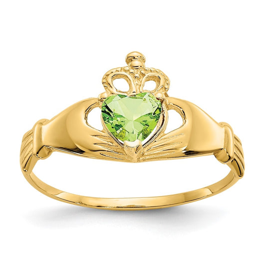 10K Yellow Gold Cubic Zirconia August Birthstone Claddagh Heart Ring