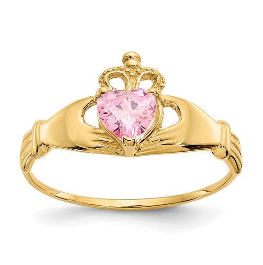 10K Yellow Gold Cubic Zirconia October Birthstone Claddagh Heart Ring