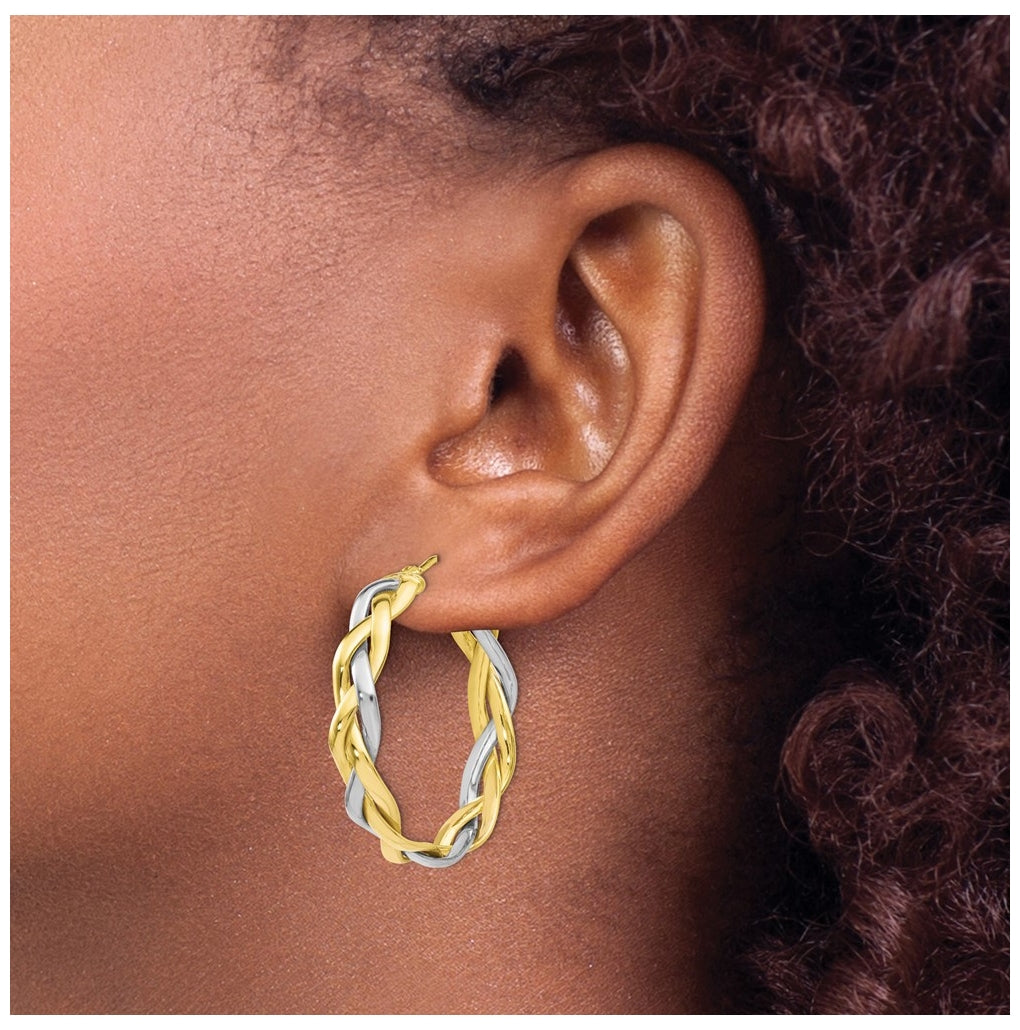 Leslie's 10K Yellow Gold w/Rhodium Polished Braided Hoop Earrings – Elegant Jewelry Gift for Birthday, Anniversary, Engagement, Wedding