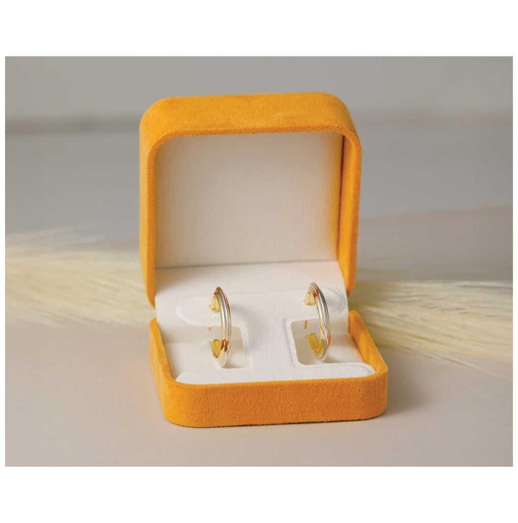 10K Yellow Gold w/Rhodium Polished and Grooved J-Hoop Post Earrings