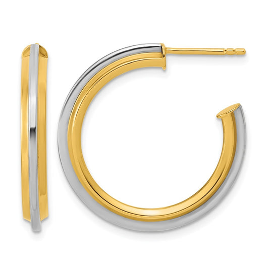 10K Yellow Gold w/Rhodium Polished and Grooved J-Hoop Post Earrings
