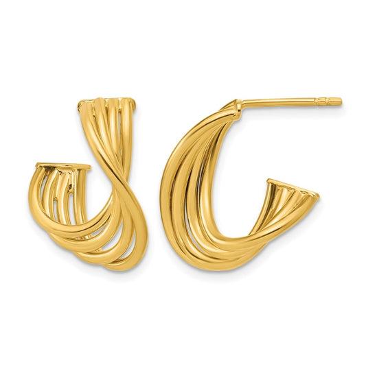 10K Yellow Gold Or Rhodium Plated Polished 3-Row Twist J-Hoop Post Earrings