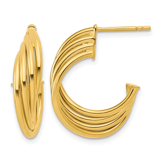 10k Yellow Gold Polished 3-Row Twist J-Hoop Post Earrings