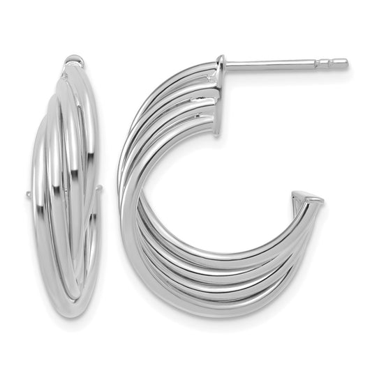 10K Yellow Gold w/Rhodium Polished 3-Row Twist J-Hoop Post Earrings