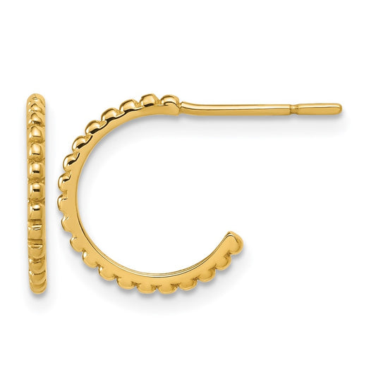 10k Yellow Gold Polished and Beaded J-Hoop Post Earrings