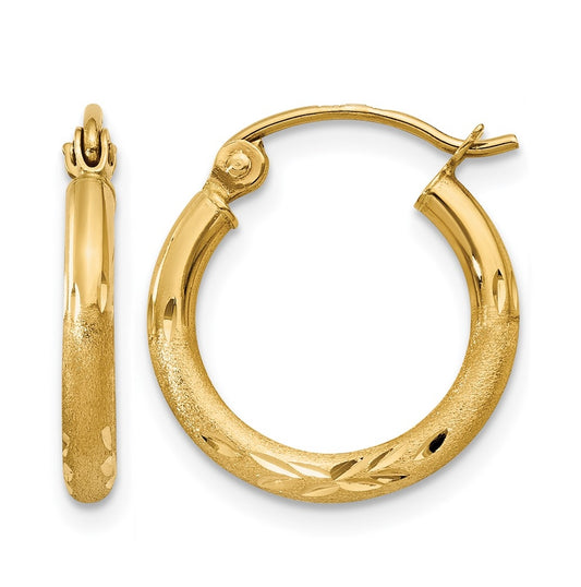 10K Yellow Gold Satin and D/C 2mm Round Tube Hoop Earrings