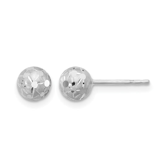 10K White Gold Polished/Satin and Diamond-cut Ball Post Earrings