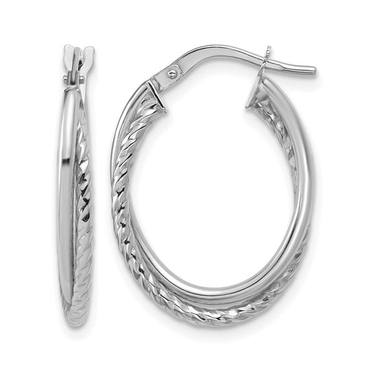 10K White Gold Polished Textured Oval Hoop Earrings