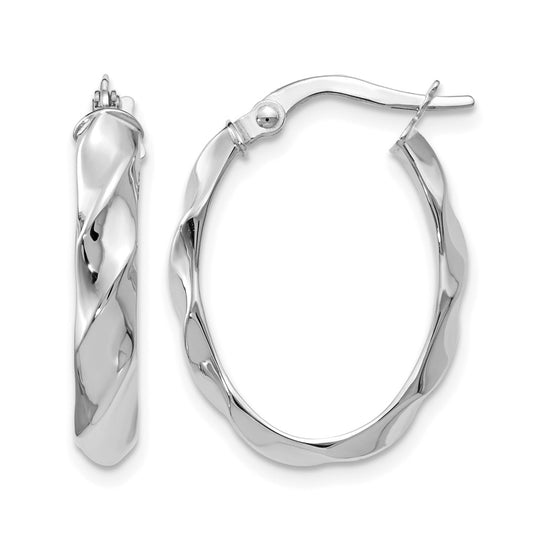 10K White Gold Polished Twisted Oval Hoop Earrings