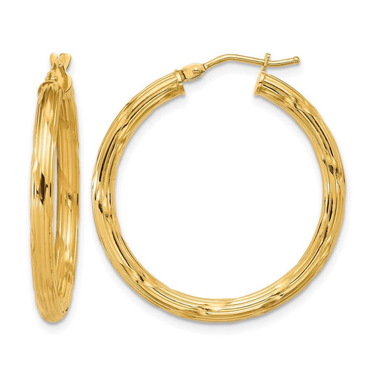 10k Yellow Gold Polished and Grooved Round Hoop Earrings