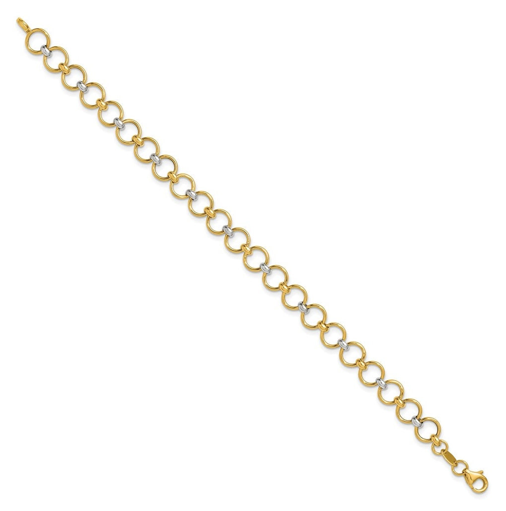 10k Yellow Gold w/White Rhodium Polished Fancy Circle Link Bracelet