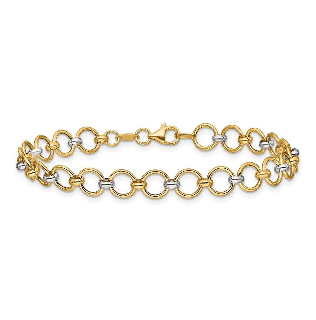 10k Yellow Gold w/White Rhodium Polished Fancy Circle Link Bracelet