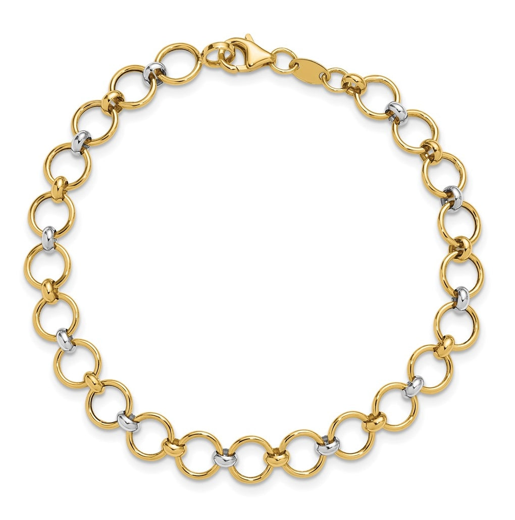 10k Yellow Gold w/White Rhodium Polished Fancy Circle Link Bracelet