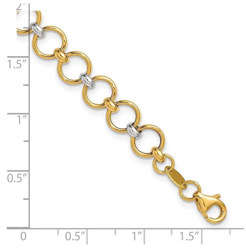 10k Yellow Gold w/White Rhodium Polished Fancy Circle Link Bracelet