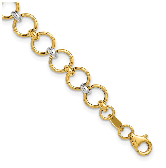 10k Yellow Gold w/White Rhodium Polished Fancy Circle Link Bracelet