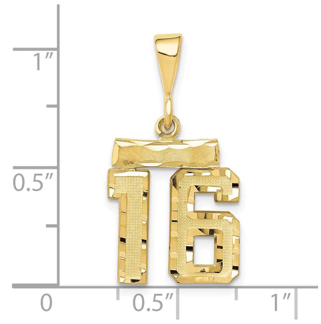 10K Yellow Gold Casted Small Diamond-cut Number 16 Charm