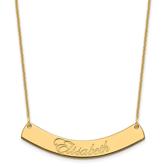 10K Yellow Gold Medium Polished Curved Edwardian Script Bar Necklace