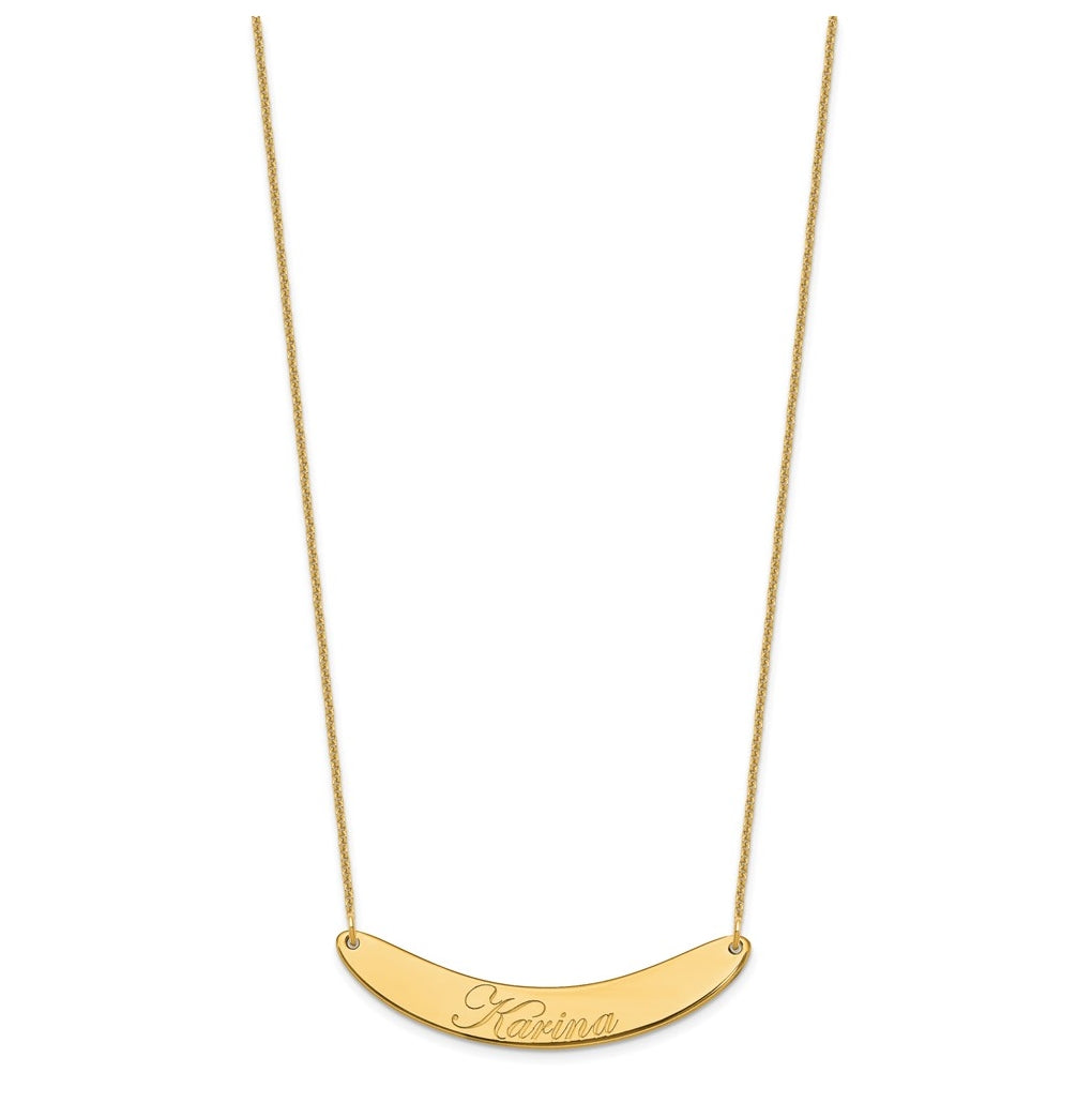 10k Yellow Or White Gold Medium EDWARDIAN SCRIPT Curved Bar Necklace – Elegant Jewelry Gift for Birthday, Anniversary, Engagement, Wedding