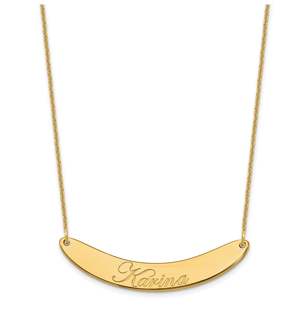 10k Yellow Or White Gold Medium EDWARDIAN SCRIPT Curved Bar Necklace – Elegant Jewelry Gift for Birthday, Anniversary, Engagement, Wedding