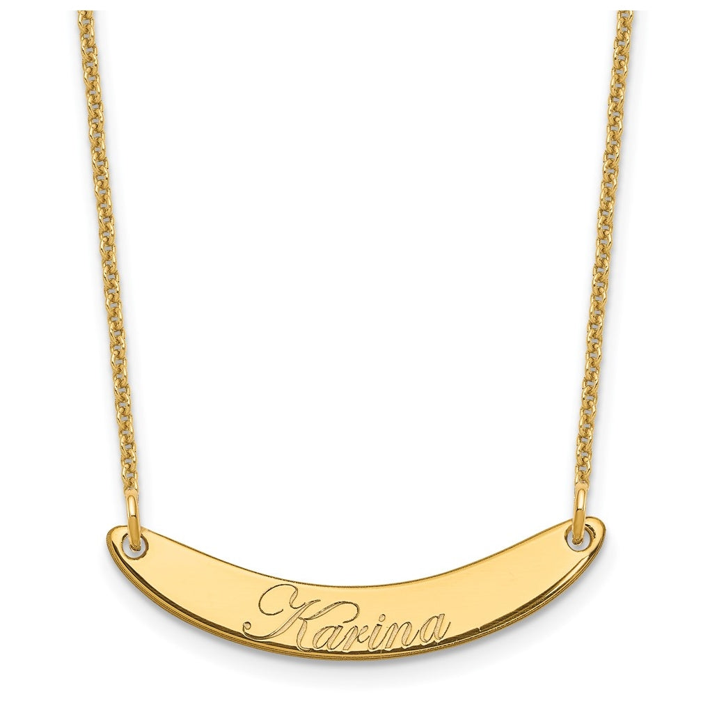 10K Yellow Or White Gold Small EDWARDIAN SCRIPT Curved Bar Necklace – Elegant Jewelry Gift for Birthday, Anniversary, Engagement, Wedding