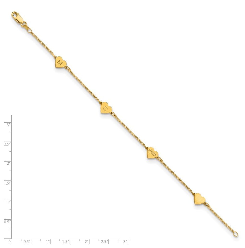 10K Yellow Or White Gold Brushed Station Heart Bracelet