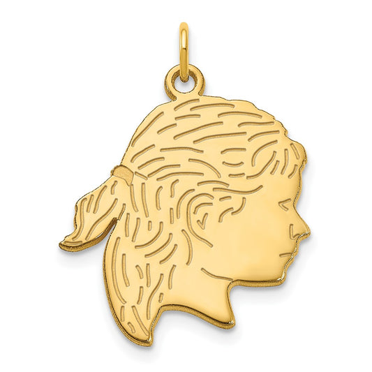 10K Yellow Gold Polished Girls Head Charm with Back Engraving