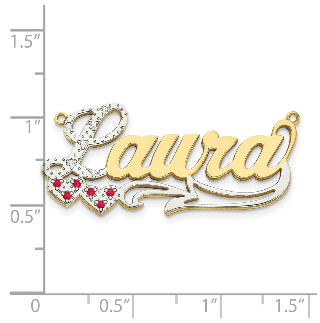 10K Yellow Gold w/Rhodium and Ruby 3D Diamond with Hearts Name Plate – Elegant Jewelry Gift for Birthday, Anniversary, Engagement, Wedding