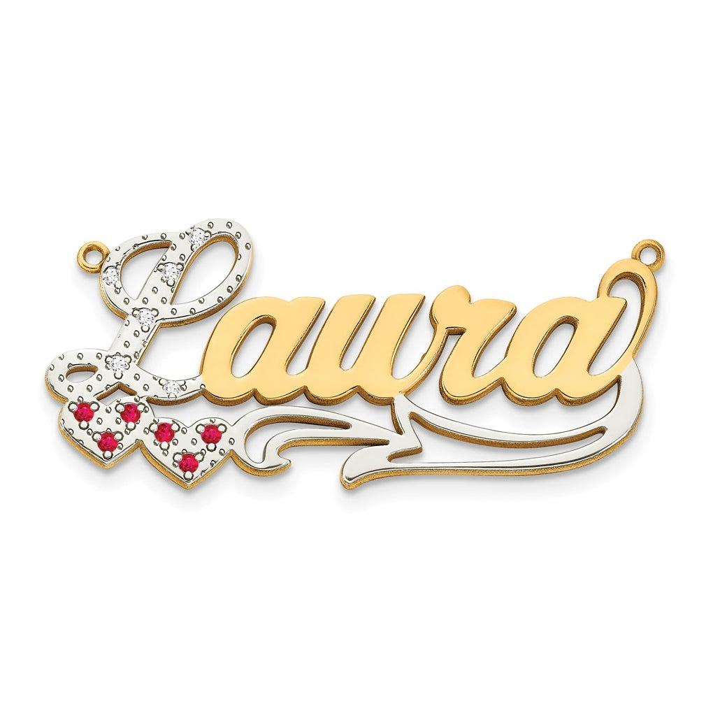 10K Yellow Gold w/Rhodium and Ruby 3D Diamond with Hearts Name Plate – Elegant Jewelry Gift for Birthday, Anniversary, Engagement, Wedding