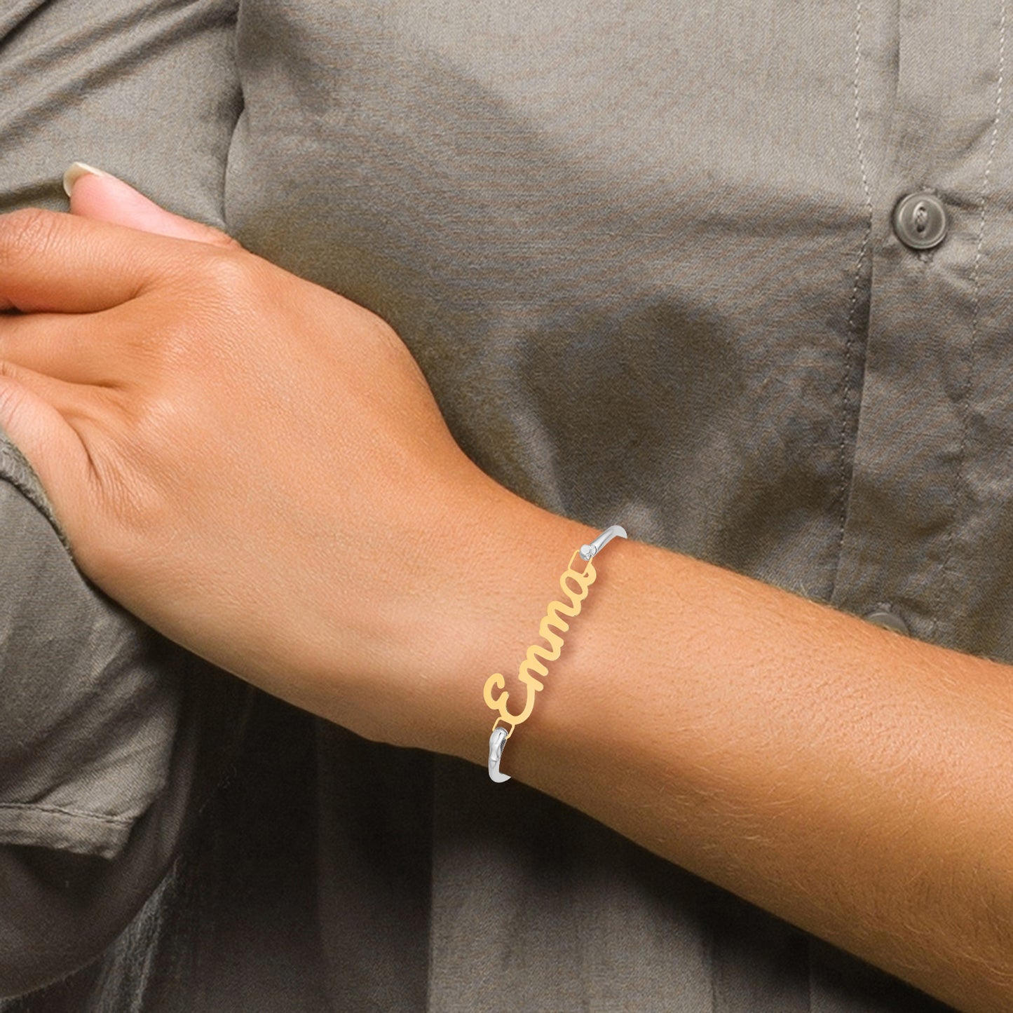 10K Yellow Gold Polished Name Plate on Sterling Silver Bangle