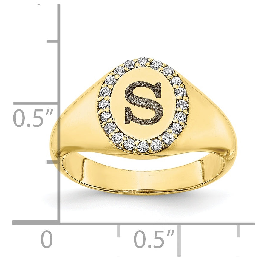 10K Yellow Gold Initial Oval with Diamond Classic Signet Ring, Size 6
