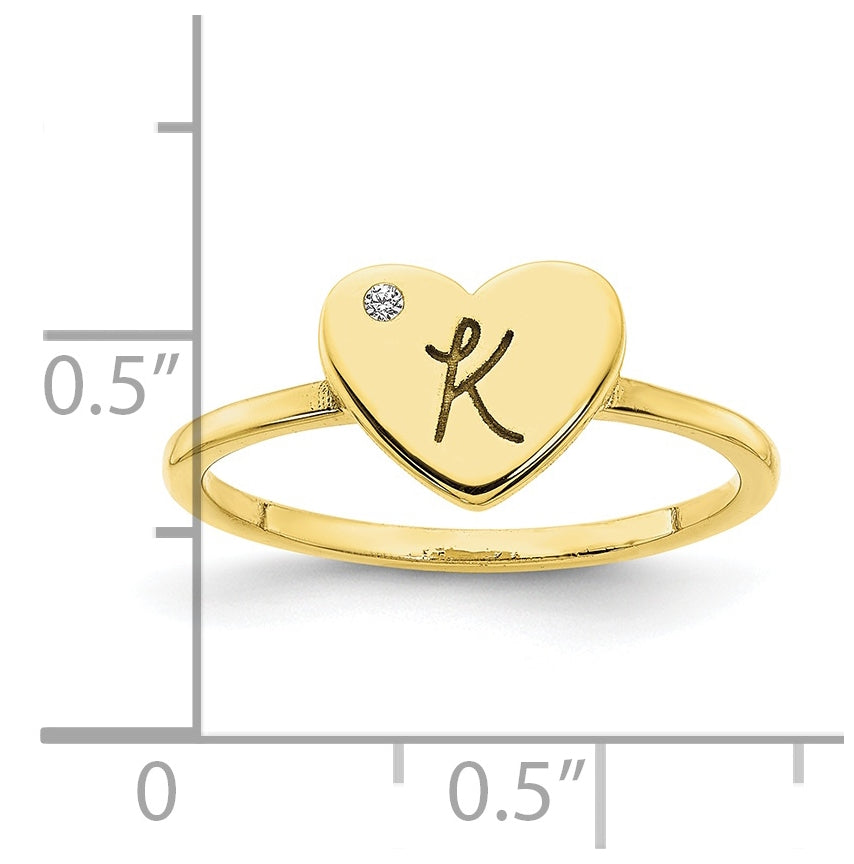10K Yellow Gold Initial Heart with Diamond Signet Ring, Size 6
